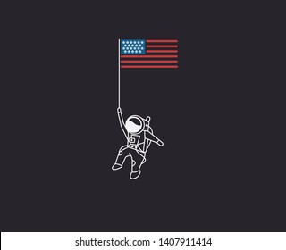 Astronaut holding Usa flag Flat Line art vector design Illustration.