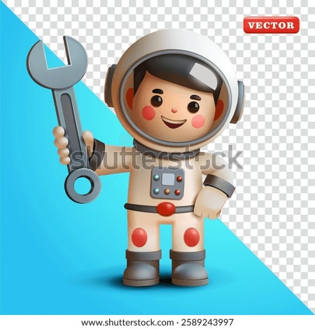 Astronaut holding wrench, 3d vector. Suitable for educational, industrial and design elements