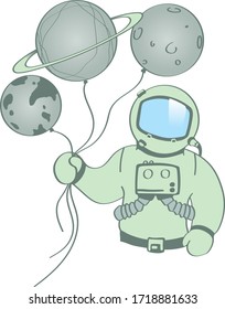 The astronaut holds balloons. Planet ballons.