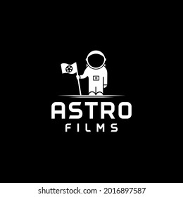 The astronaut holds the flag with film cinema reel logo design vector