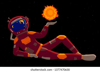 Astronaut holds sun on his hand, vector illustration
