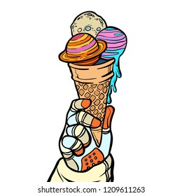 Astronaut holds the universe in his hands like ice cream. Pop art retro vector illustration vintage kitsch