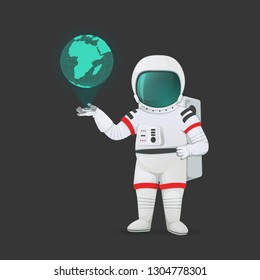 Astronaut with hologram device projecting planet Earth. Isolated on a dark background. Protection or exploration concept. Cartoon character. Vector illustration.