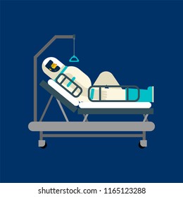 Astronaut in hospital bed. Spaceman is sick. Vector illustration
