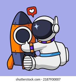 Der Astronaut umarmt seine Rakete, weil er seine Rakete liebt