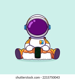 The astronaut is so hungry and having a medium sushi to eat on hand of illustration