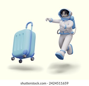Astronaut hurries to suitcase. Male character in spacesuit catches his luggage