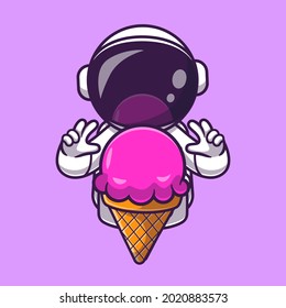 Astronaut with Ice Cream Cartoon Vector Icon Illustration. Science Food Icon Concept Isolated Premium Vector. Flat Cartoon Style