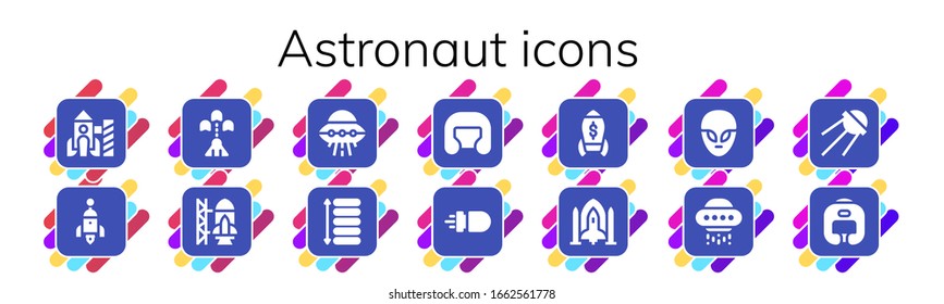 conjunto de iconos de astronauta. 14 iconos llenos de astronautas. Incluidos los íconos de cohete, nave espacial, lanzamiento de cohete, Ufo, espacio, casco de boxeo, misil, alienígena, Sputnik