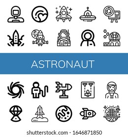 astronaut icon set. Collection of Astronaut, Rocket, Pluto, Spaceship, Ufo, Astronomy, Observatory, Black hole, Space capsule, Mars, Space colonization icons