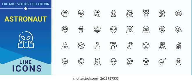 Astronaut icon set. Featuring flying saucer, rocket, saucer, flying and more. Alien icon set. Outline icons pack. Vector illustration. Pixel perfect.