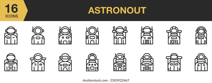 Astronaut icon set. Includes astronaut, space suit, head ware, helmet, and More. Outline icons vector collection.