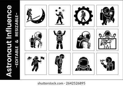 Astronaut Icon Set Vector Graphics Featuring Spacewalk Exploration And Space Mission Icons Black And White