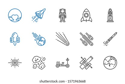 astronaut icons set. Collection of astronaut with mars, hubble space telescope, moon rover, asteroids, big bang, rocket ship, meteorites. Editable and scalable astronaut icons.