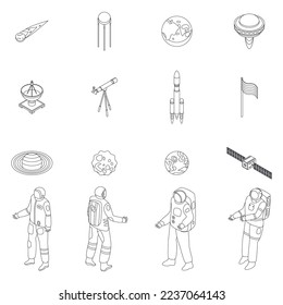 Astronaut icons set. Isometric set of astronaut vector icons outline on white thin line collection