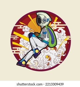 astronaut illustration design with japanese style background, logo, labels, notebook