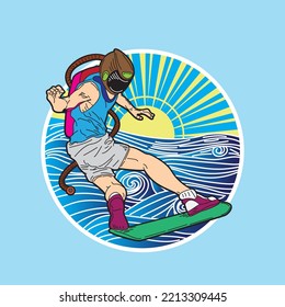 astronaut illustration design with japanese style background, logo, labels, notebook