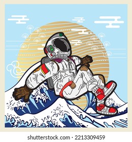 astronaut illustration design with japanese style background, logo, labels, notebook