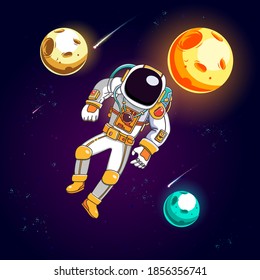 astronaut illustration with a gradient color exploring in space surrounded by planets, perfect for posters, stickers and more