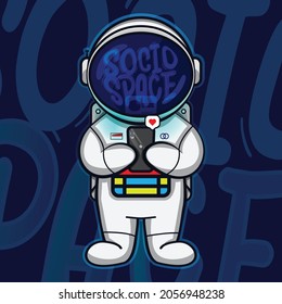 Astronaut illustration holding phone concept - astronaut cartoon  social media addicted