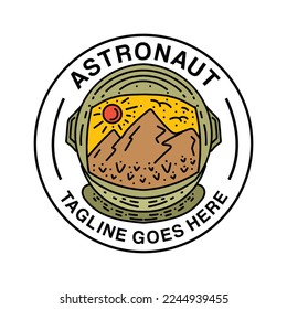Astronaut illustration Monoline Vector, mountain vintage badge, creative emblem Design For T-shirt Design