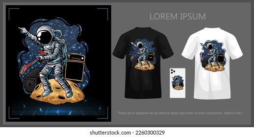 Das T-Shirt-Design der Astronautengrafik spielt Gitarre mit Klang und Verstärker-Hintergrund im Weltraum, komplett mit Mock-up.