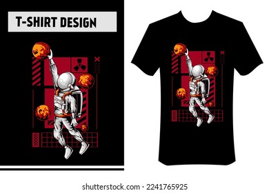 astronaut illustration for t-shirt. astronaut is playing basketball, in space, with planets and street wear concept. suitable for printing on clothes, t-shirts, apparel, merchandise, posters, stickers