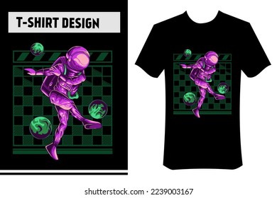 astronaut illustration for t-shirt. Astronaut is playing soccer in space, with planets. premium vector design, with street wear concept. Perfect for print on t-shirts, apparel, posters, stickers.