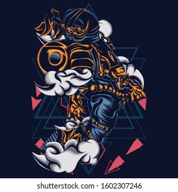 Astronaut illustration with a unique style or similar to Japanese warriors