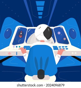 An astronaut inside a spaceship in front of the control panel. Spaceship design. Control panel of the space shuttle. Captain of the spaceship from the back. Flat Vector illustration.