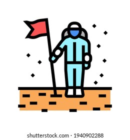 astronauta instalando la bandera en el vector del icono de color de la superficie del planeta. astronauta instalando la bandera en la señal de la superficie del planeta. ilustración de símbolo aislado