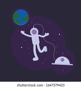 Astronaut into open space. International Cosmonautics Day April 12 card. Spaceman fly between stars. UFO concept. Stock vector illustration in flat style.