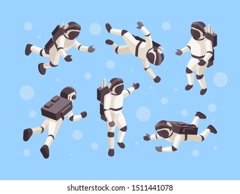 Astronaut isometric. Cosmo space futuristic human in special clothes vector astronaut in different poses