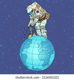 An astronaut with a jackhammer extracts natural resources from the planet earth. World economy, cosmonautics. Global Business. Pop Art Retro Vector Illustration 50s 60s Vintage kitsch style