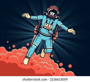 Astronaut with jetpack flies alone in space. Retro spaceman in comic style. Vector image.