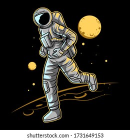 astronaut jogging on space with moon on background vector illustration design