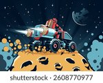 Astronaut journeys across an alien asteroid in a futuristic vehicle during a cosmic adventure. Vector retro comics style