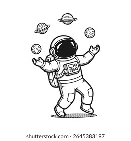 Astronaut juggling planets and moons in outer space – Vector Illustration
