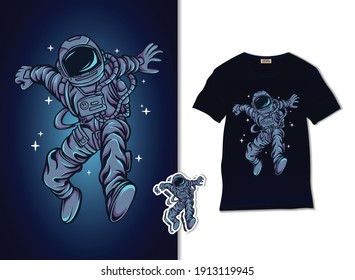 Astronaut jump on space vector illustration. Happy astronaut illustration with t shirt design