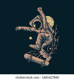 astronaut jumping skateboard on space with moon background vector illustration design