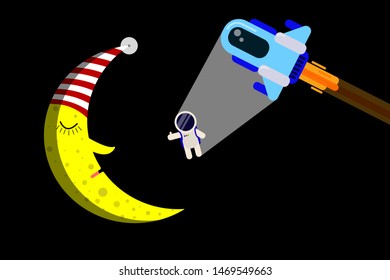 Astronaut jumps out of a spaceship and greets a sleeping moon