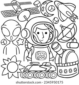 Astronaut Kawaii Doodle Line Art