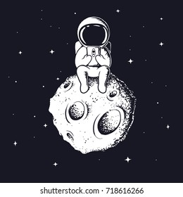 astronaut keeps smartphone.Spaceman sits on Moon and see to mobile phone.Prints vector design.