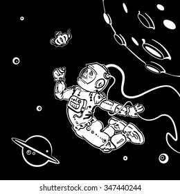 Astronaut with a kettle, white on black