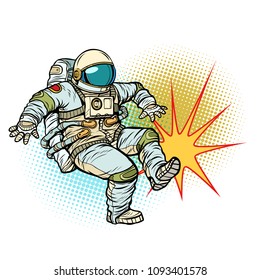 Astronaut kick neutral isolated background. Pop art retro vector illustration cartoon comics kitsch drawing