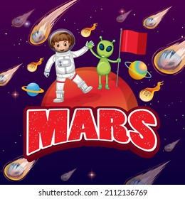 Astronaut kid and alien on planet cartoon poster illustration