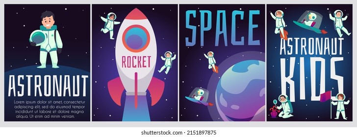 Astronaut kid cartoon characters in spacesuit flies in zero gravity between planets on rocket. Set of illustration posters with cute little astronauts. Space adventure, traveling through universe