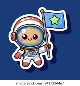 Astronaut kid character. Cartoon cosmic children sticker. Space cosmonaut boy holds blue flag with star isolated on blue background. Fashion symbol or sigh, label style for print. Vector illustration