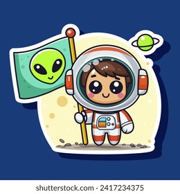 Astronautencharakter auf dem Mond im Weltraum. Aufkleber für kosmische Kinder mit Cartoon. Weltraumkosmonauten Junge hat Fahne mit Alien einzeln auf blauem Hintergrund. Label-Stil für Druck. Vektorgrafik