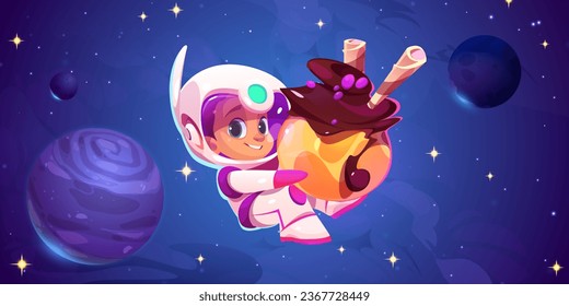 Astronaut kid floating in space with sweet planet in hands. Vector cartoon illustration of cute cosmonaut boy character smiling, wearing spacesuit and helmet, flying in night sky with shimmering stars